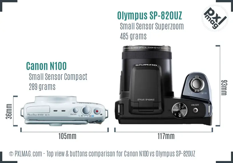 Canon N100 vs Olympus SP-820UZ top view buttons comparison Canon N100 vs Olympus SP-820UZ top view buttons comparison