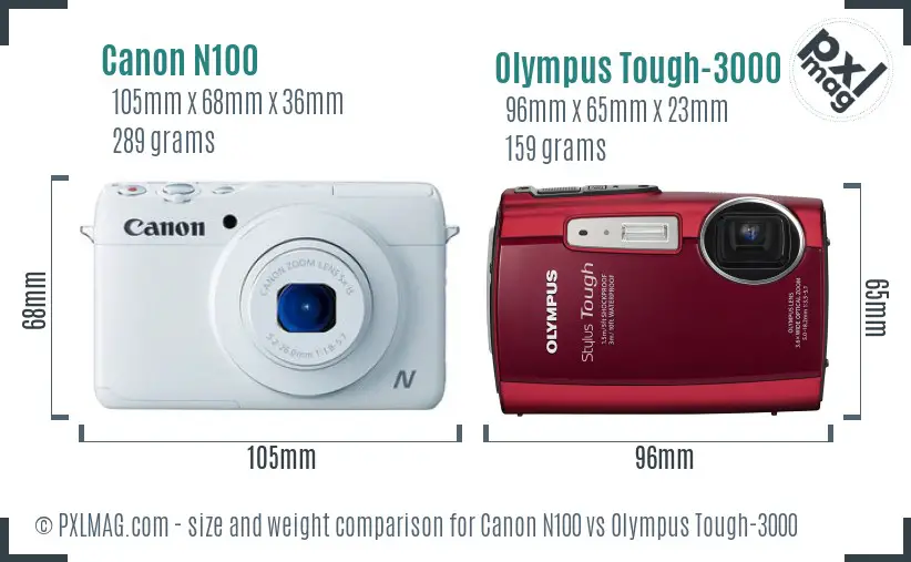 Canon N100 vs Olympus Tough-3000 size comparison