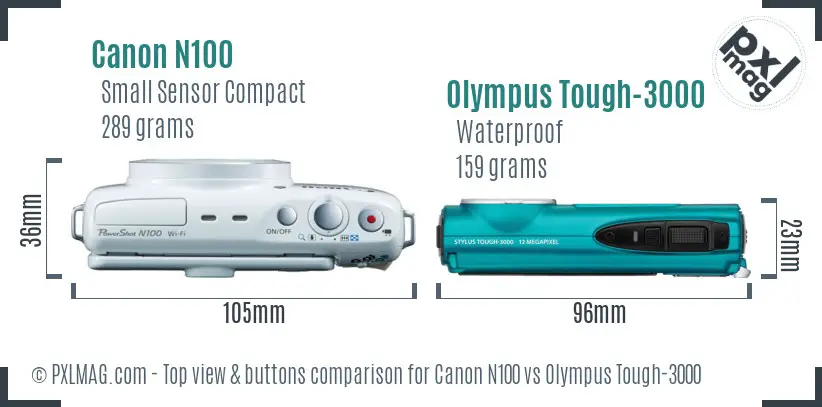 Canon N100 vs Olympus Tough-3000 top view buttons comparison
