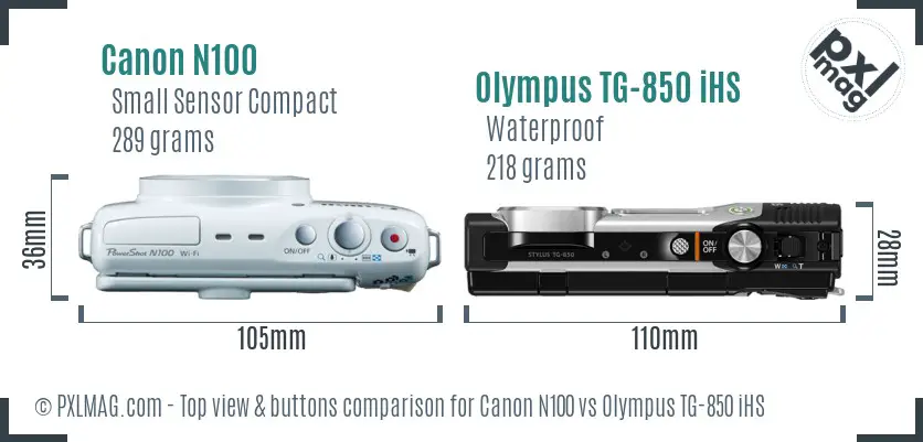 Canon N100 vs Olympus TG-850 iHS top view buttons comparison
