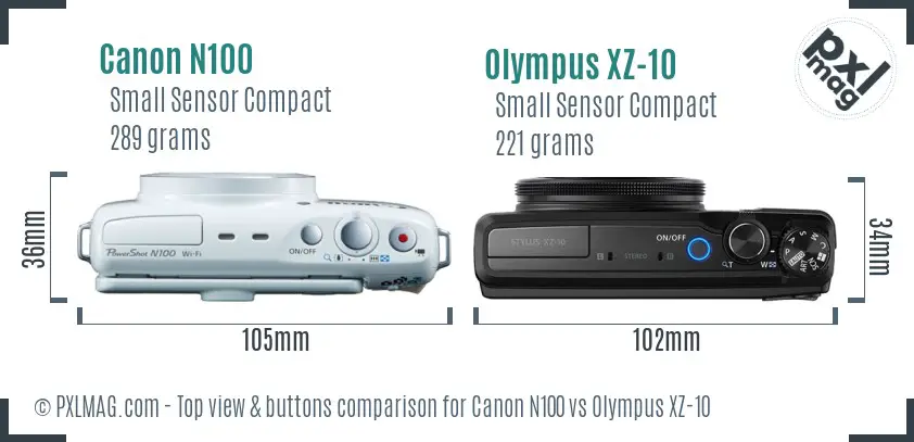Canon N100 vs Olympus XZ-10 top view buttons comparison