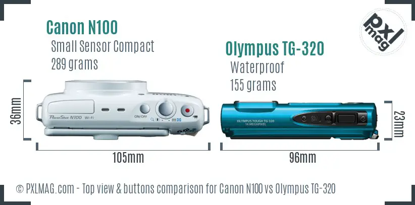 Canon N100 vs Olympus TG-320 top view buttons comparison