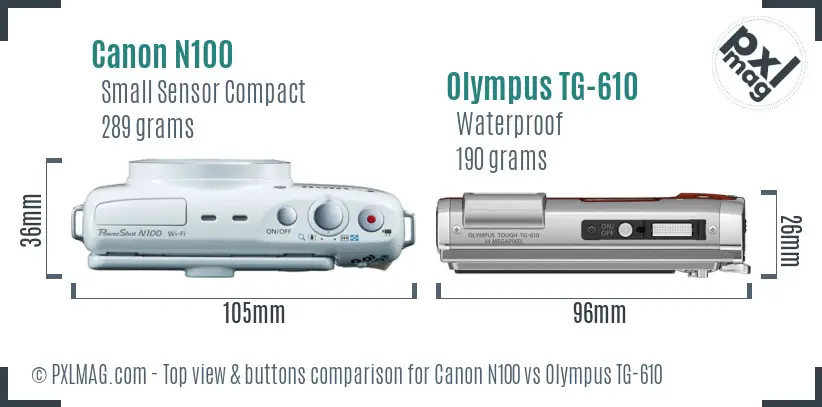 Canon N100 vs Olympus TG-610 top view buttons comparison