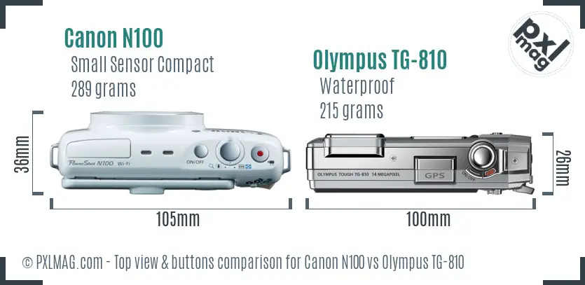 Canon N100 vs Olympus TG-810 top view buttons comparison Canon N100 vs Olympus TG-810 top view buttons comparison