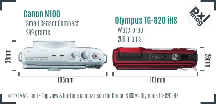 Canon N100 vs Olympus TG-820 iHS top view buttons comparison