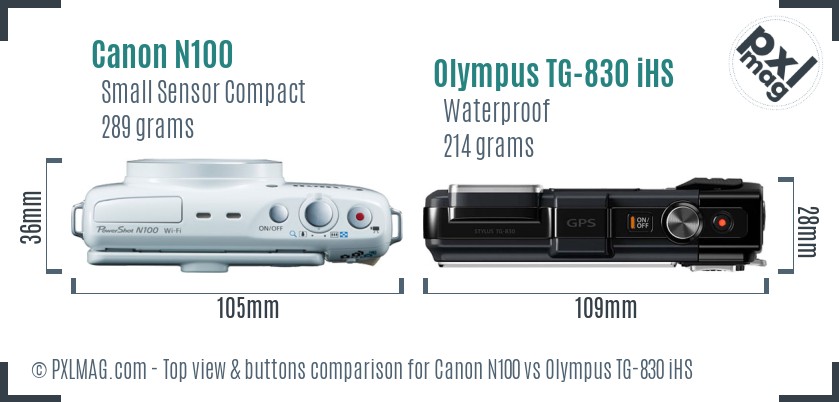 Canon N100 vs Olympus TG-830 iHS top view buttons comparison
