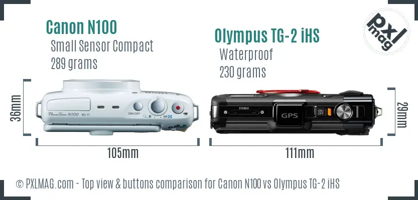 Canon N100 vs Olympus TG-2 iHS top view buttons comparison