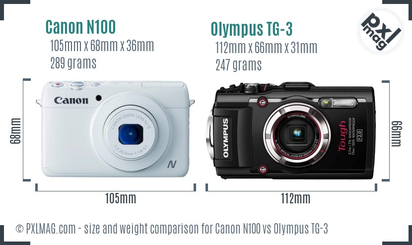 Canon N100 vs Olympus TG-3 size comparison