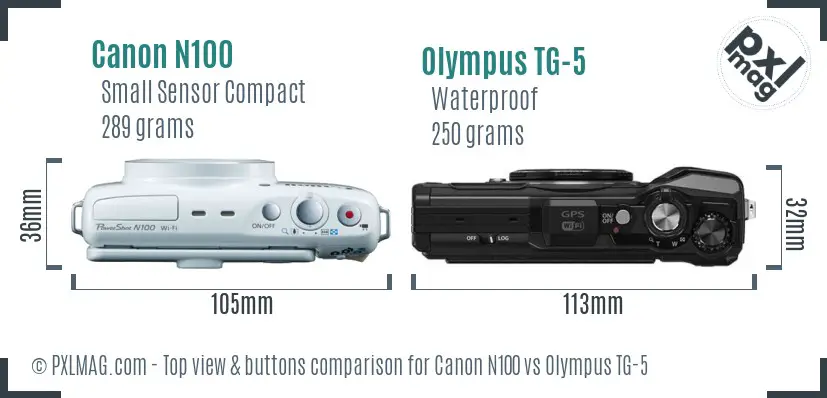 Canon N100 vs Olympus TG-5 top view buttons comparison Canon N100 vs Olympus TG-5 top view buttons comparison