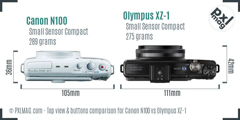 Canon N100 vs Olympus XZ-1 top view buttons comparison Canon N100 vs Olympus XZ-1 top view buttons comparison