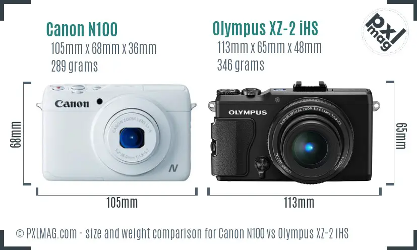 Canon N100 vs Olympus XZ-2 iHS size comparison