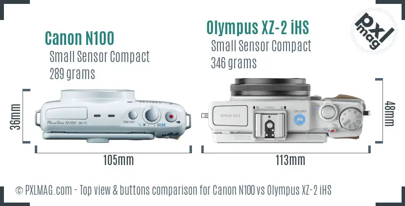 Canon N100 vs Olympus XZ-2 iHS top view buttons comparison