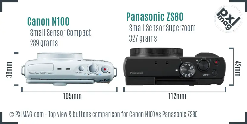Canon N100 vs Panasonic ZS80 top view buttons comparison