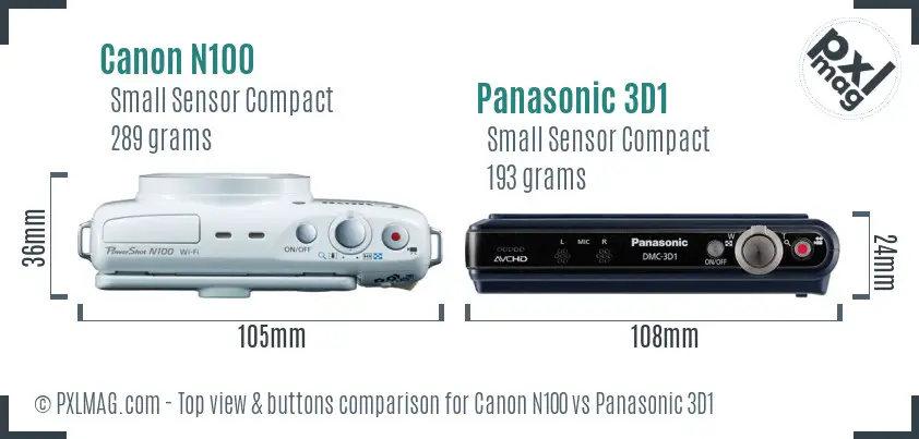 Canon N100 vs Panasonic 3D1 top view buttons comparison