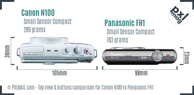 Canon N100 vs Panasonic FH1 top view buttons comparison