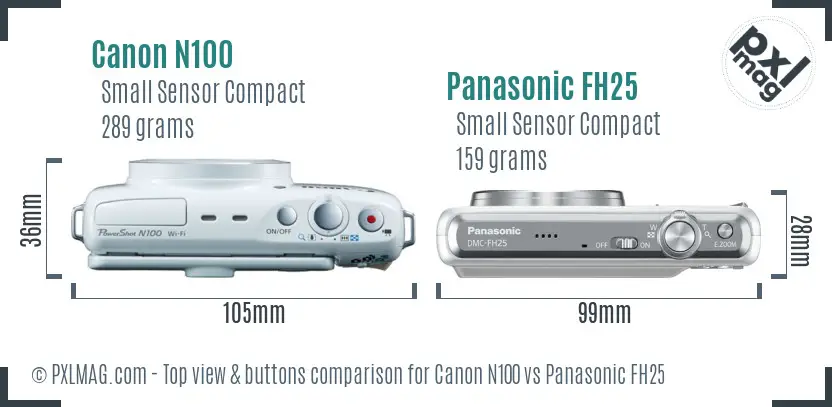 Canon N100 vs Panasonic FH25 top view buttons comparison
