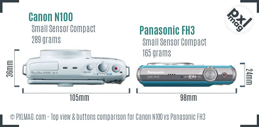 Canon N100 vs Panasonic FH3 top view buttons comparison