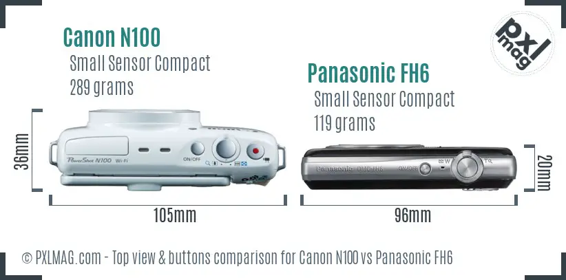 Canon N100 vs Panasonic FH6 top view buttons comparison Canon N100 vs Panasonic FH6 top view buttons comparison