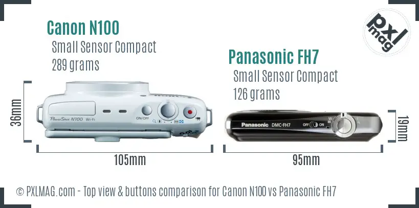 Canon N100 vs Panasonic FH7 top view buttons comparison