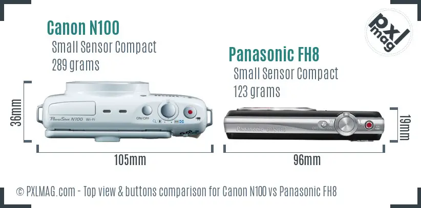 Canon N100 vs Panasonic FH8 top view buttons comparison