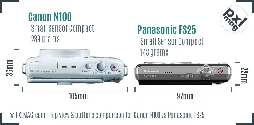 Canon N100 vs Panasonic FS25 top view buttons comparison