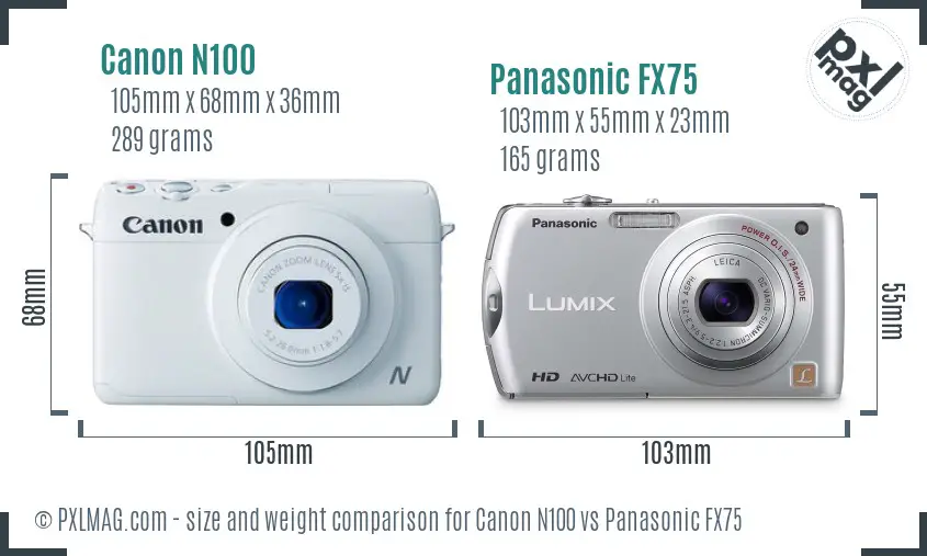 Canon N100 vs Panasonic FX75 size comparison Canon N100 vs Panasonic FX75 size comparison