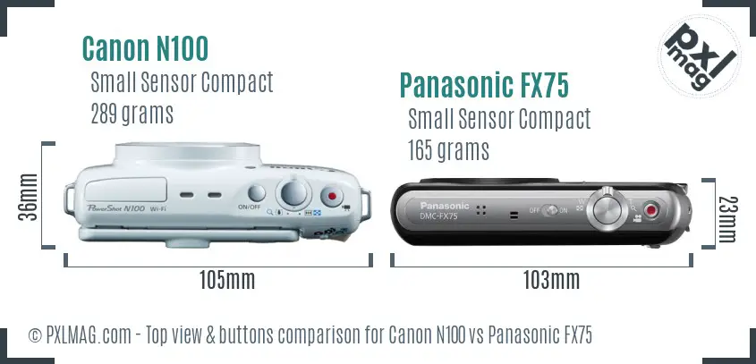 Canon N100 vs Panasonic FX75 top view buttons comparison Canon N100 vs Panasonic FX75 top view buttons comparison
