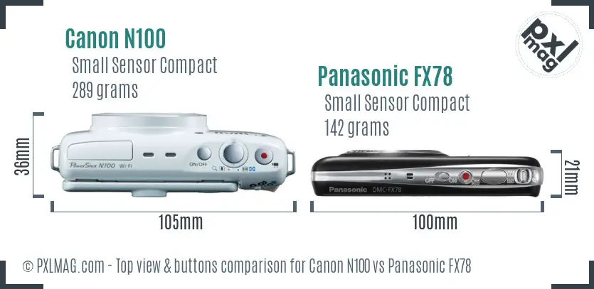 Canon N100 vs Panasonic FX78 top view buttons comparison