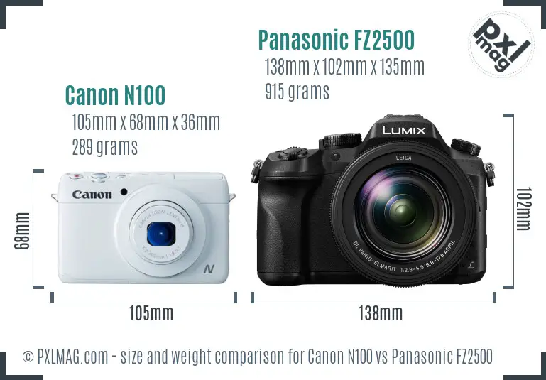 Canon N100 vs Panasonic FZ2500 size comparison