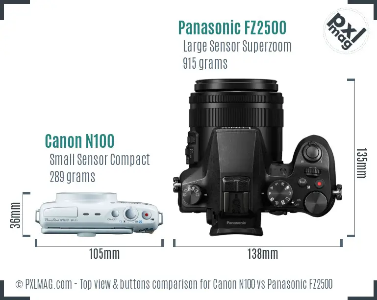 Canon N100 vs Panasonic FZ2500 top view buttons comparison