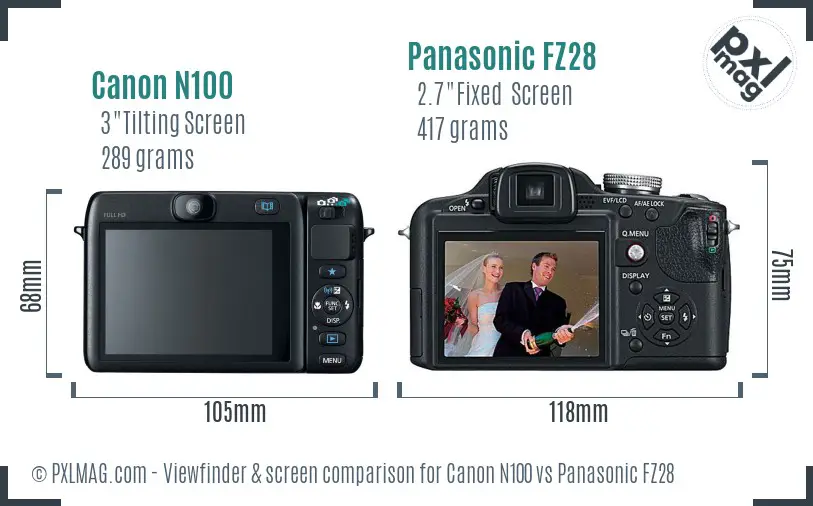 Canon N100 vs Panasonic FZ28 Screen and Viewfinder comparison