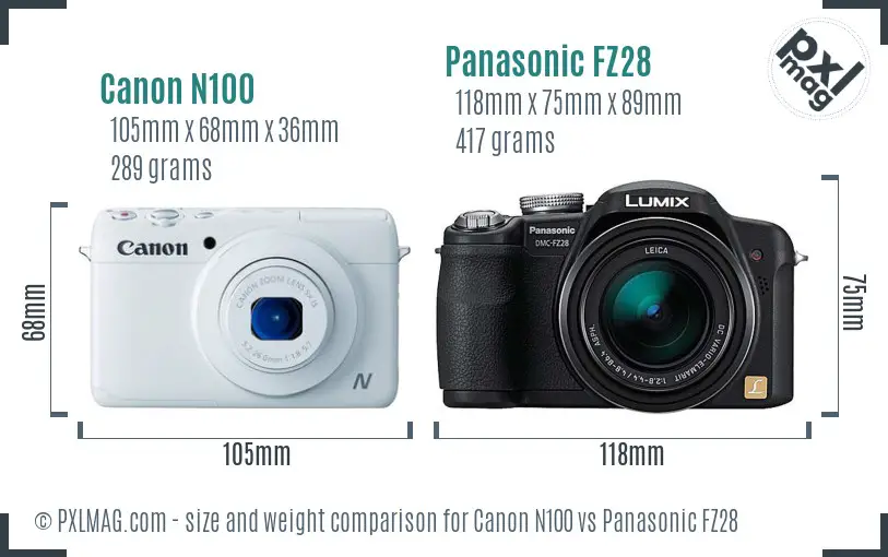 Canon N100 vs Panasonic FZ28 size comparison