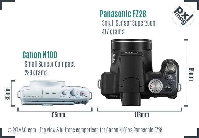 Canon N100 vs Panasonic FZ28 top view buttons comparison