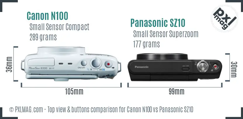 Canon N100 vs Panasonic SZ10 top view buttons comparison Canon N100 vs Panasonic SZ10 top view buttons comparison