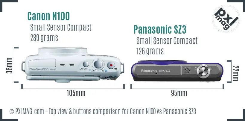 Canon N100 vs Panasonic SZ3 top view buttons comparison