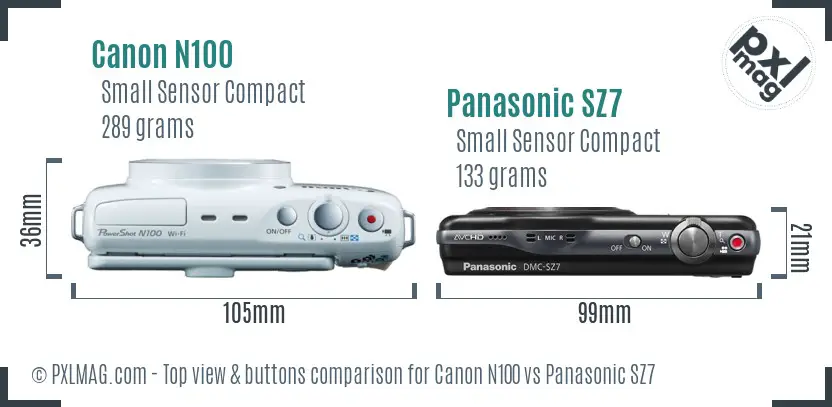 Canon N100 vs Panasonic SZ7 top view buttons comparison
