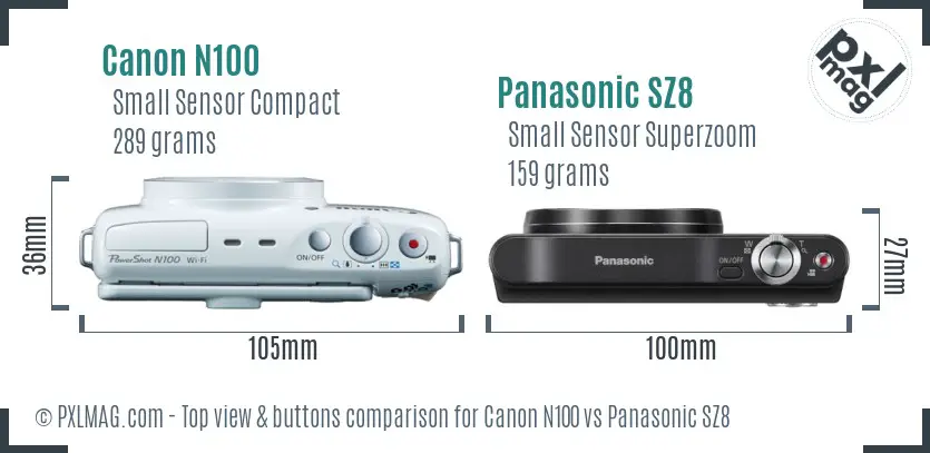 Canon N100 vs Panasonic SZ8 top view buttons comparison