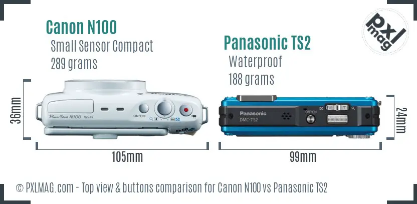 Canon N100 vs Panasonic TS2 top view buttons comparison