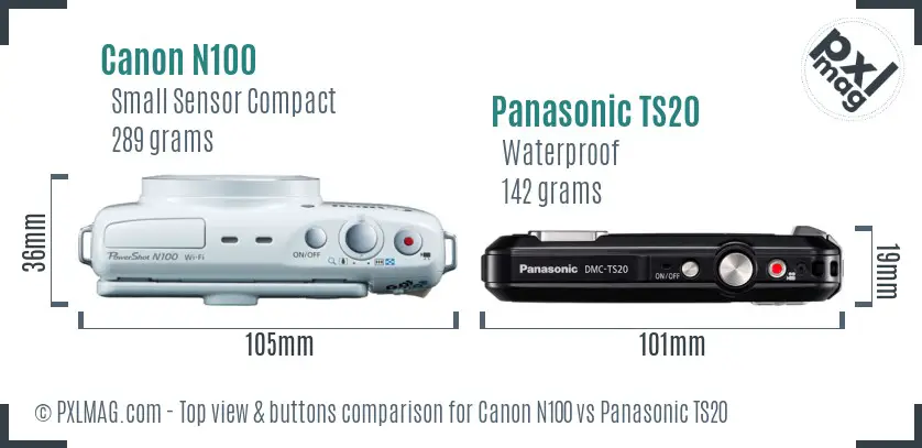 Canon N100 vs Panasonic TS20 top view buttons comparison