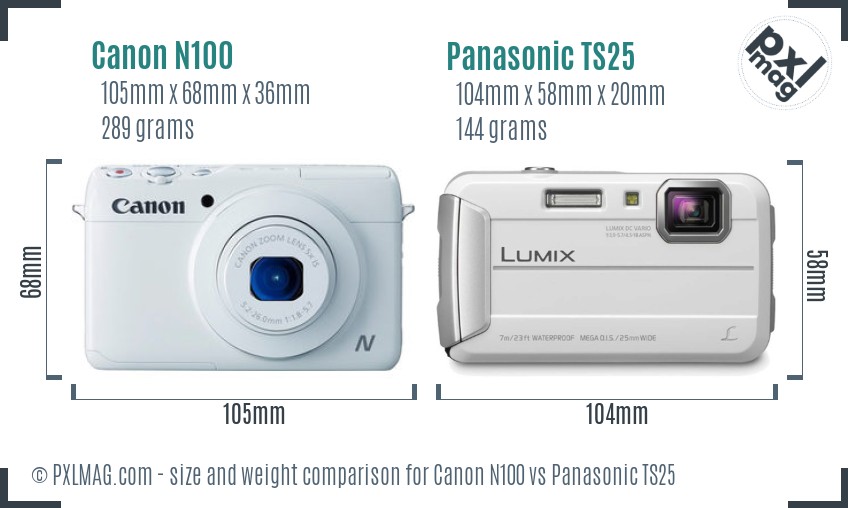 Canon N100 vs Panasonic TS25 size comparison