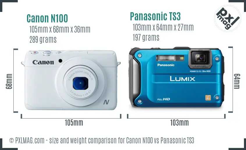 Canon N100 vs Panasonic TS3 size comparison