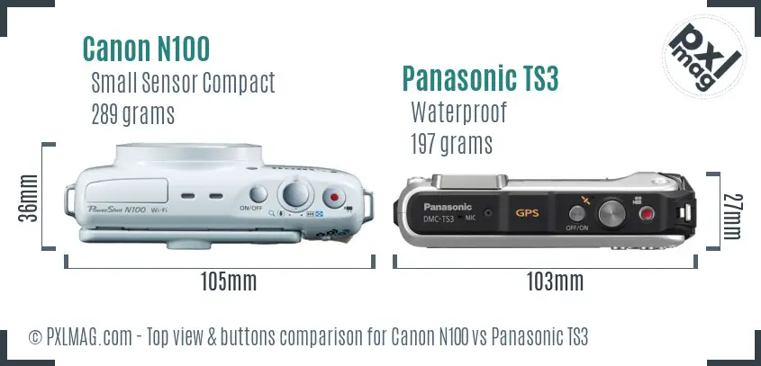 Canon N100 vs Panasonic TS3 top view buttons comparison