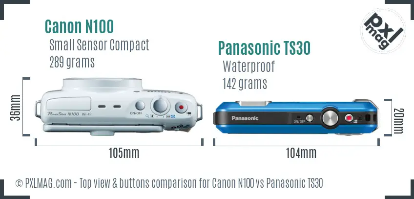 Canon N100 vs Panasonic TS30 top view buttons comparison