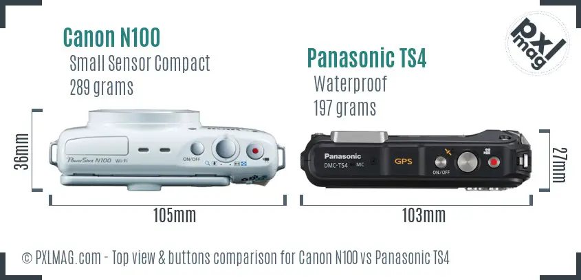 Canon N100 vs Panasonic TS4 top view buttons comparison