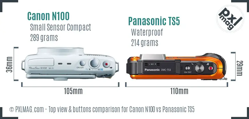 Canon N100 vs Panasonic TS5 top view buttons comparison