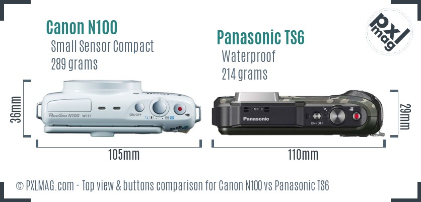 Canon N100 vs Panasonic TS6 top view buttons comparison