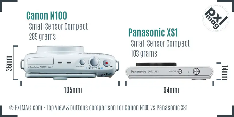 Canon N100 vs Panasonic XS1 top view buttons comparison