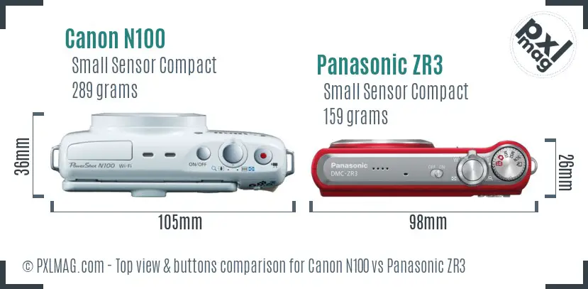 Canon N100 vs Panasonic ZR3 top view buttons comparison