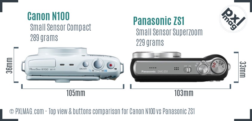 Canon N100 vs Panasonic ZS1 top view buttons comparison