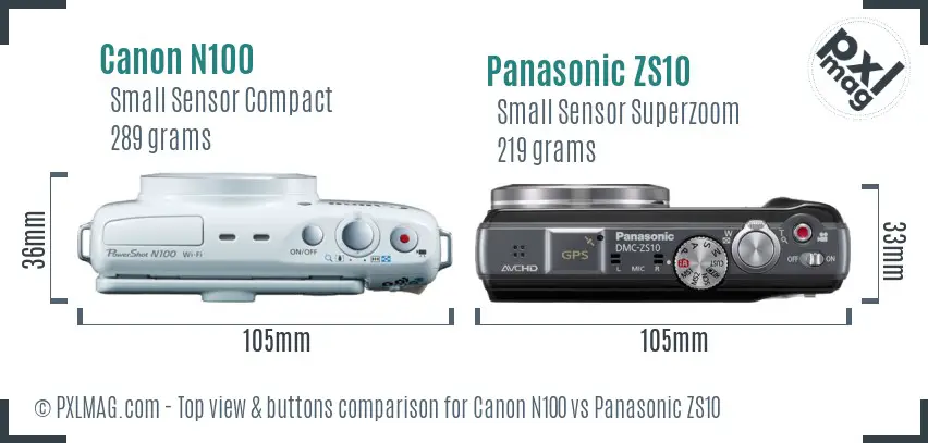 Canon N100 vs Panasonic ZS10 top view buttons comparison